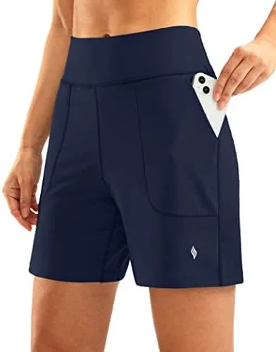 santiny womens 6 athletic long shorts with 4 pockets high waisted bermuda shorts for women walking running casual navy l
